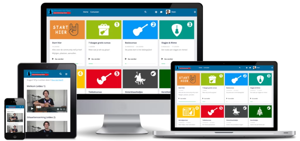 Verschillende afbeeldingen van gitaarles met Koen. geeft een goed beel;d van de online lessen